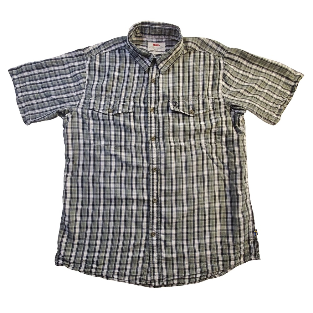 Fjallraven Abisko Cool Shirt SS Men L Green Blue Plaid Lyocell Hiking Button Up